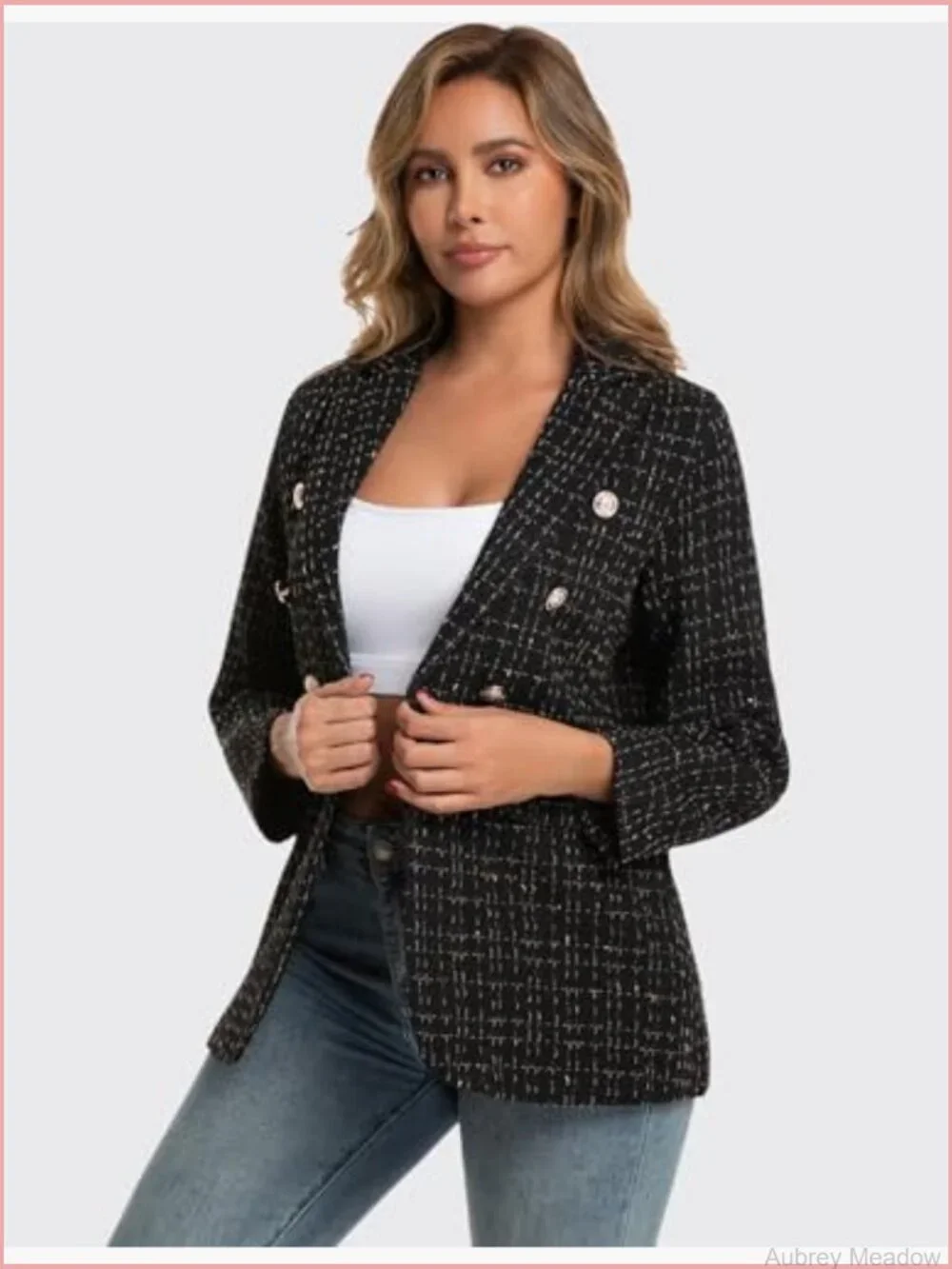 Women's Tweed Plaid Blazer Business Casual Notch Collar Long Sleeve